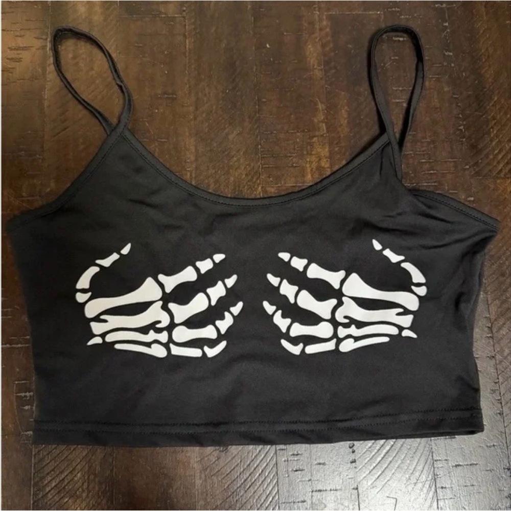 Black Skeleton Hand Print Crop Top